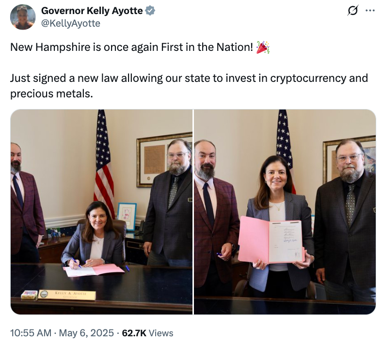 Ký dự luật dự trữ tiền điện tử của New Hampshire thành luật vào ngày 6 tháng 5. Nguồn: Thống đốc Kelly Ayotte